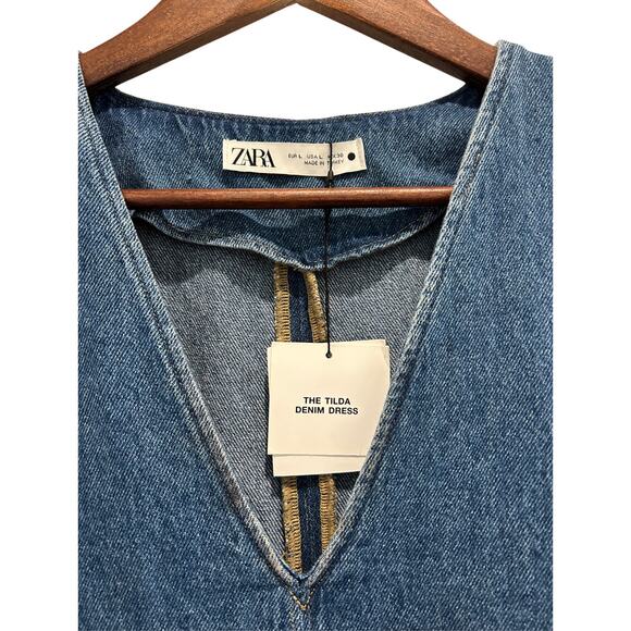 NWT ZARA The Tilda Denim Dress Size L Retro V Neck MIDI Jean - Picture 5 of 9